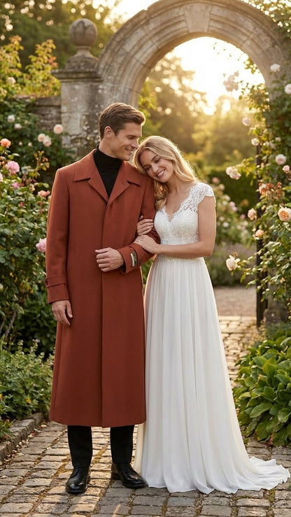 Mens Full-Length Cognac Overcoat  Premium Wool-Blend Long Dress Coat for Winter and Formal Wear in Rust Brick Color
