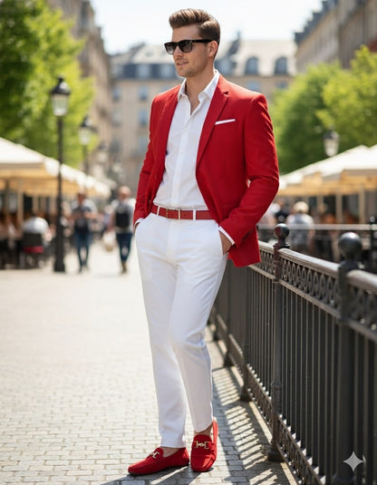 Mens Red Blazer and White Pants Set  Stylish Casual Dress Outfit For New Year Holiday and Christmas Suit