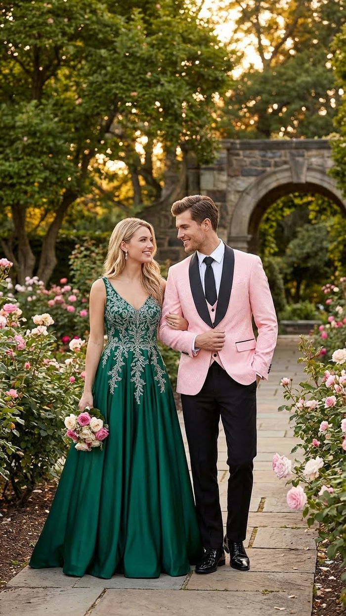 Men’s Blush Pink Tuxedo Suit Set with Black Shawl Lapel – 3 Piece Formal Wedding and Party Prom Vest + Black Pants