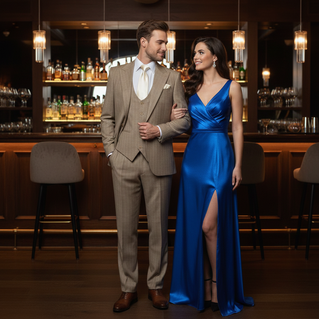 Mens Beige Pinstripe Three-Piece Suit  Classic Fit Formal Suit with Vest and Flat-Front Pants in Tan Stripe By Rossiman