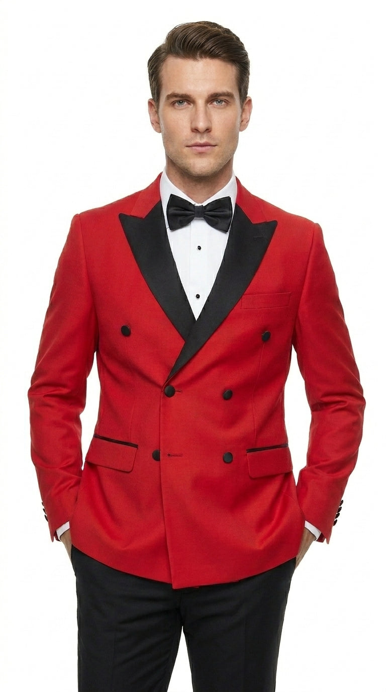 Men’s Red Double Breasted Wool Tuxedo with Black Lapel, Formal Wedding Prom Dinner Jacket