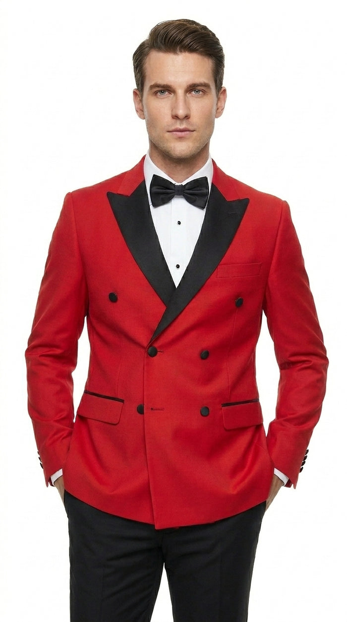 Men’s Red Double Breasted Wool Tuxedo with Black Lapel, Formal Wedding Prom Dinner Jacket