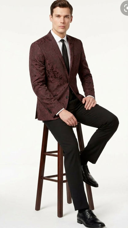 Mens Burgundy Paisley Blazer Sport Coat  Velvet Dinner Jacket floral in Maroon Wine Color Ultra Slim Fit Smoking Jacket