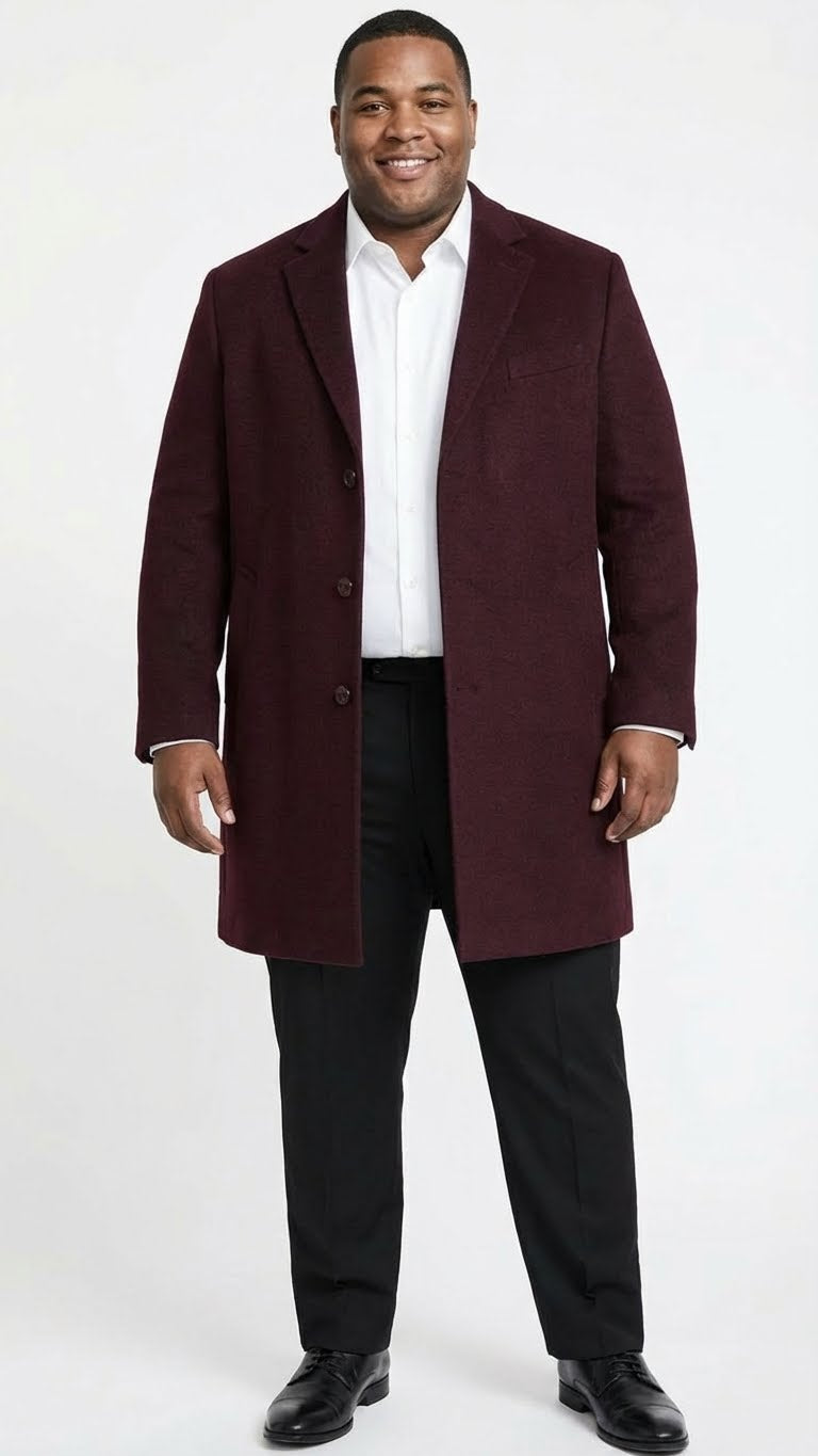 Mens Burgundy Mid-Length Overcoat  Classic Fit Wool Blend Dress Coat Three Quarter Carcoat Topcoat