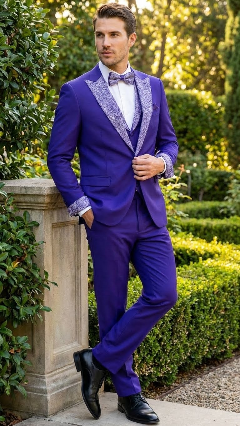 Mens Purple and white sivler lapel  Embellished Tuxedo Suit   Formal Wedding, Prom, and Gala Outfit Mardi Gras