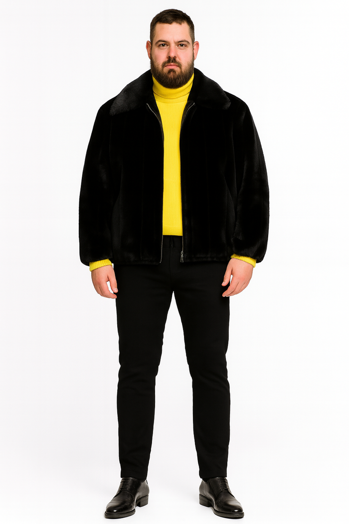 Men's Black Faux Fur Jacket - Luxury Winter Zip-Up Coat with Soft Plush Finish