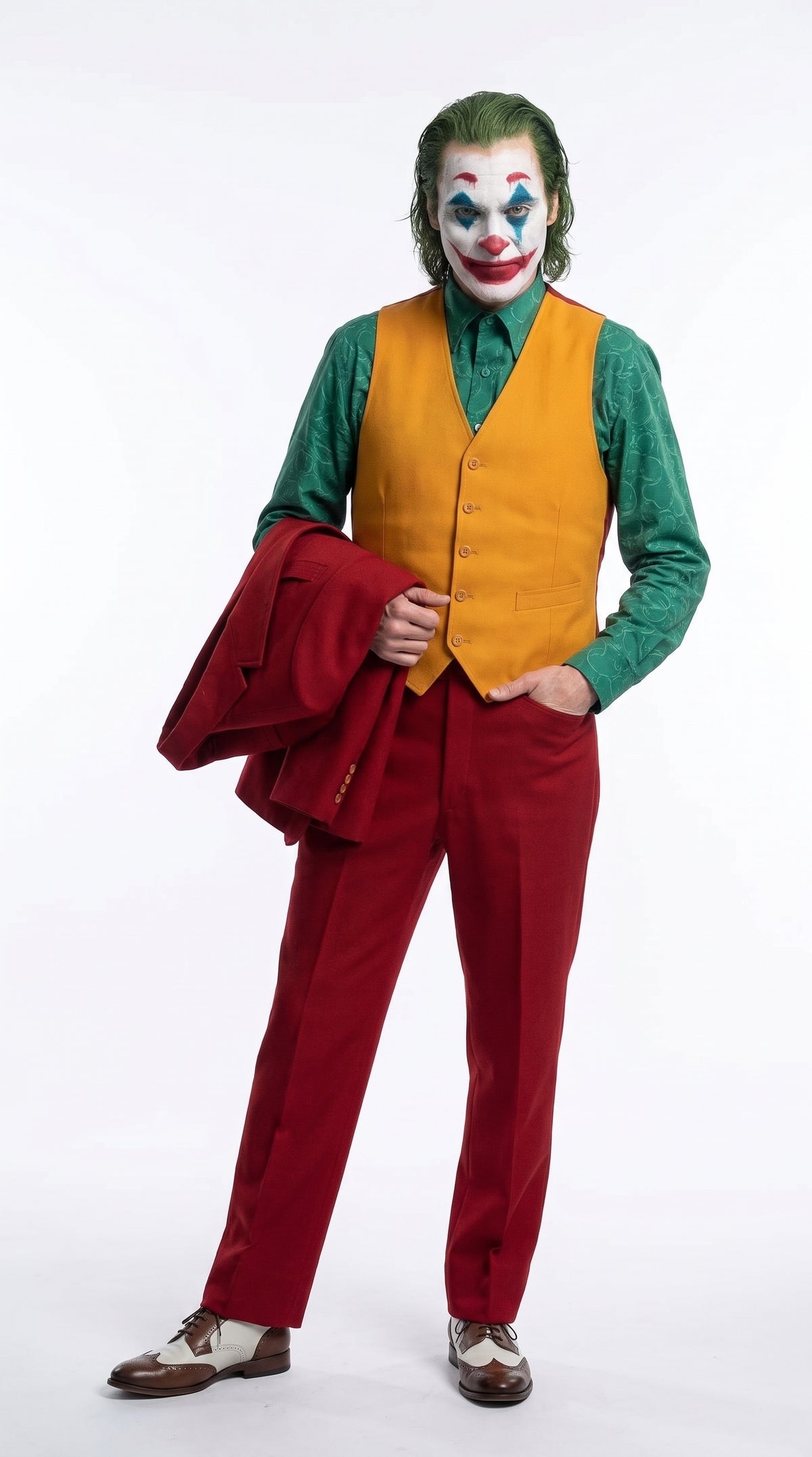 Men's Joker 2019 Red 3-Piece Suit – Joaquin Phoenix Movie-Inspired Costume with Orange Vest & Green Shirt & Tie Package