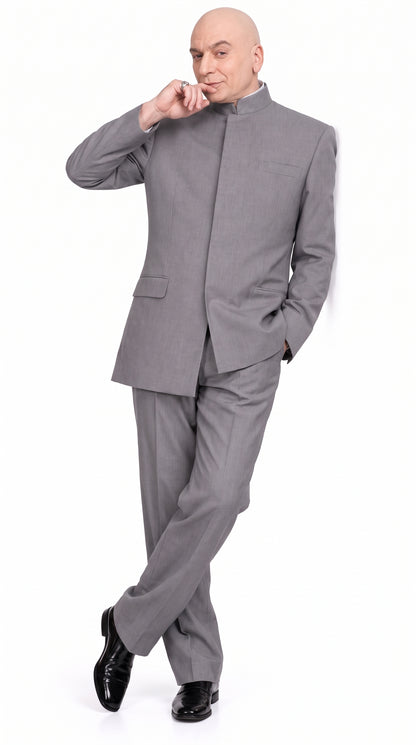 Men's Light Gray Austin Powers Dr. Evil Inspired Suit – Mandarin Collar 2 Piece Costume Suit for Halloween, Cosplay & Themed Parties