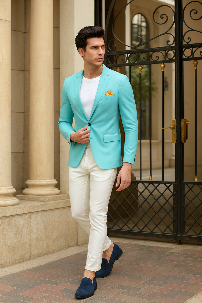 Men's Aqua Blazer - Slim Fit One Button Suit Jacket with Stylish Floral Inner Lining - Light Turquoise