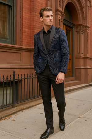 Mens Navy Blue Sequin Tuxedo Jacket with Black Satin Shawl Lapel  Luxury Prom and Wedding Blazer