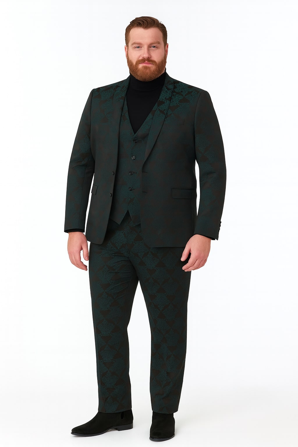 Mens Emerald Green Floral Jacquard 3-Piece Tuxedo Suit  Slim Fit Formal Set with Blazer, Vest, and Pants Paisley Fabric - Ultra slim fitted