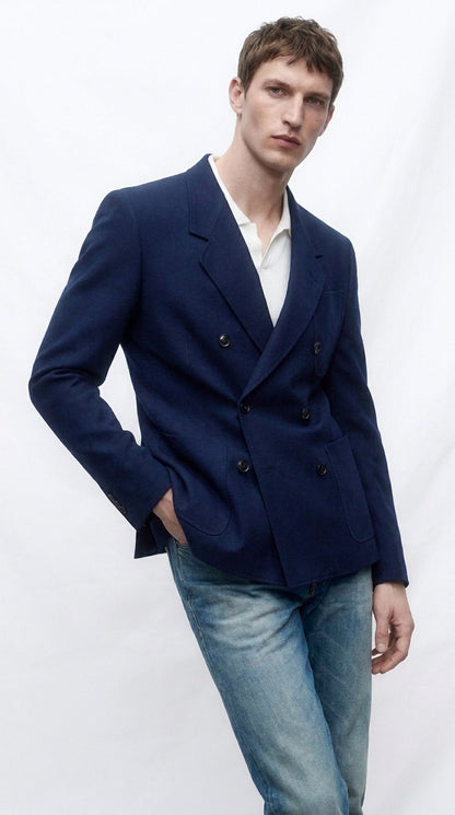 Men’s Navy Blue Double Breasted Blazer – Formal Sport Coat