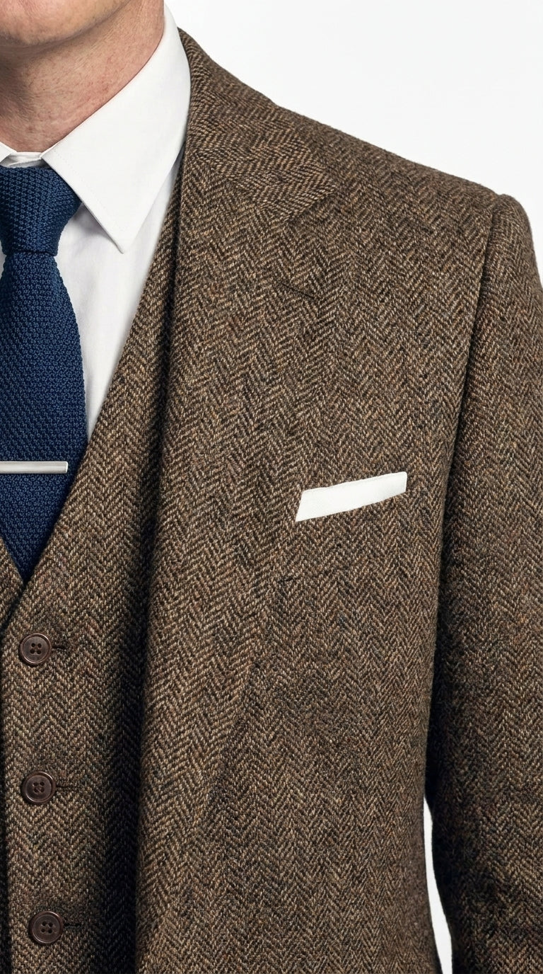 Men's Thomas Shelby Brown Herringbone 3-Piece Suit – Peaky Blinders 1920s Vintage-Style Suit with Matching Vest & Trousers