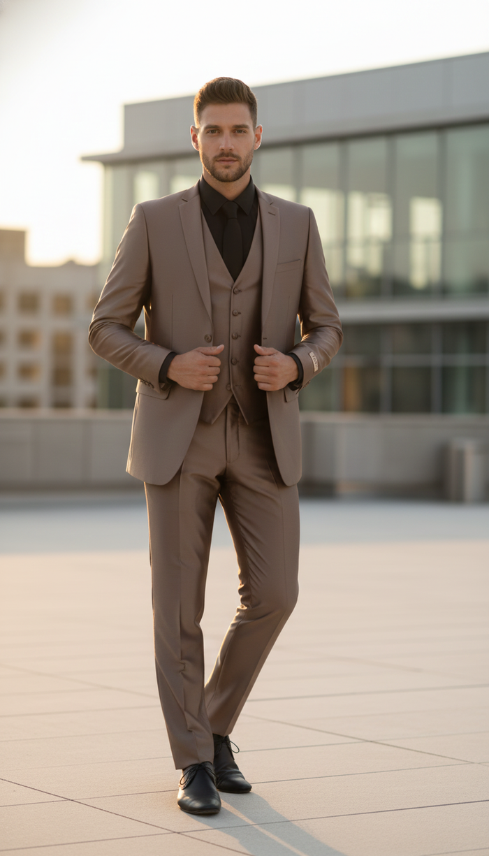 Mens Sateen Shiny Metallic Mocca Taupe Gold Bronze 3-Piece Suit Set  Shiny Finish slim Fit Formal and Party Suit
