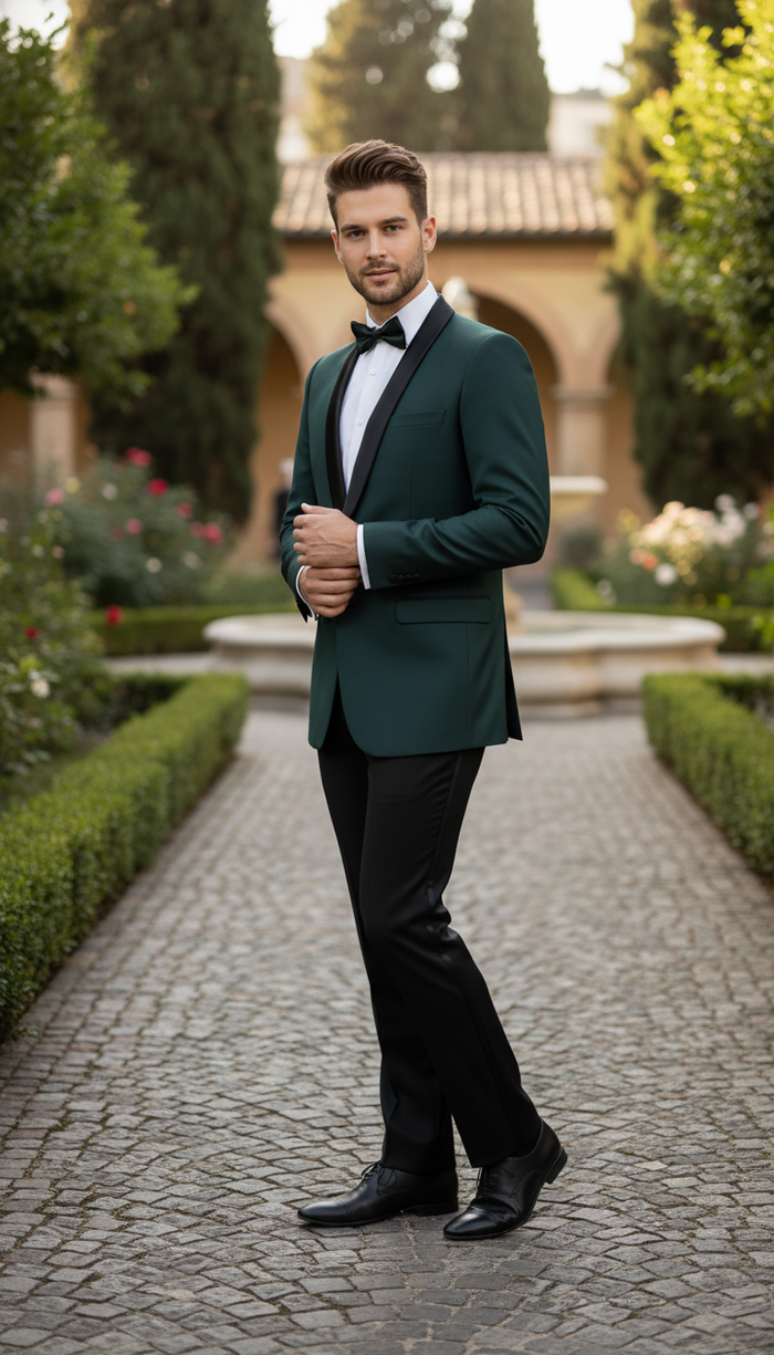 Mens Green Tuxedo Suit  Slim Fit Jacket with Black Satin Shawl Lapel and Black Pants in Hunter Green