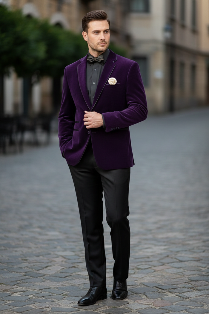 Mens Purple Velvet Blazer  Luxury Slim Fit Formal Jacket with Black Satin Trim Tuxedo Dinner Jacket