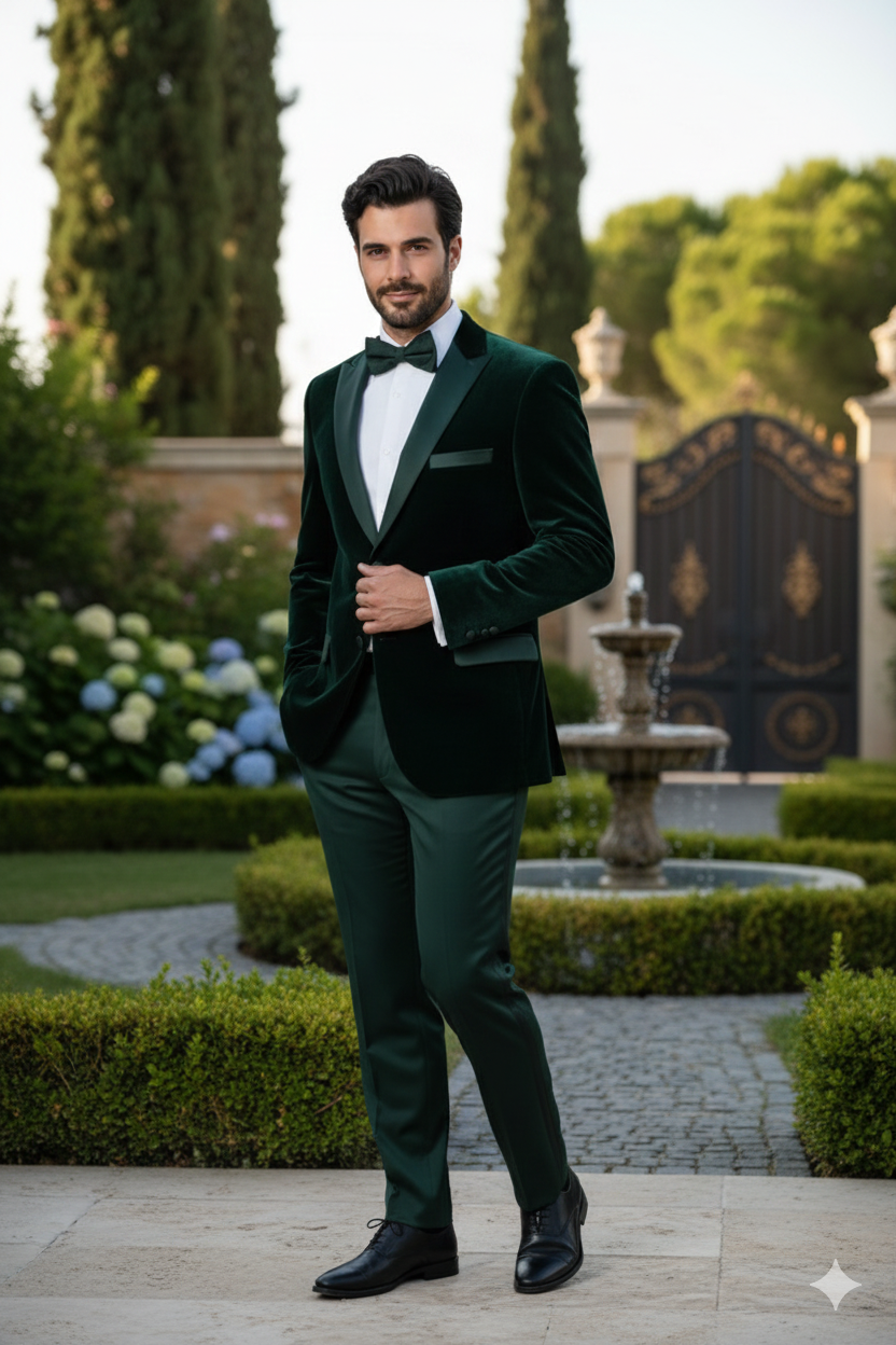 Mens Dark Green Velvet Tuxedo Dinner Jacket  Slim Fit Formal Blazer with Satin Peak Lapel Lape