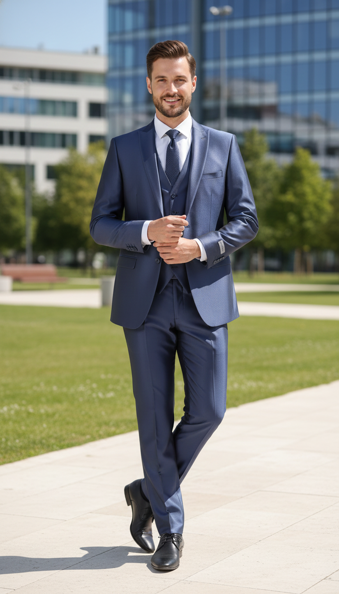 Mens Navy Blue Shiny Finish 3-Piece Suit Set  Premium Tailored Fit Formal Wedding and Party Sateen Slim Fitted Suit