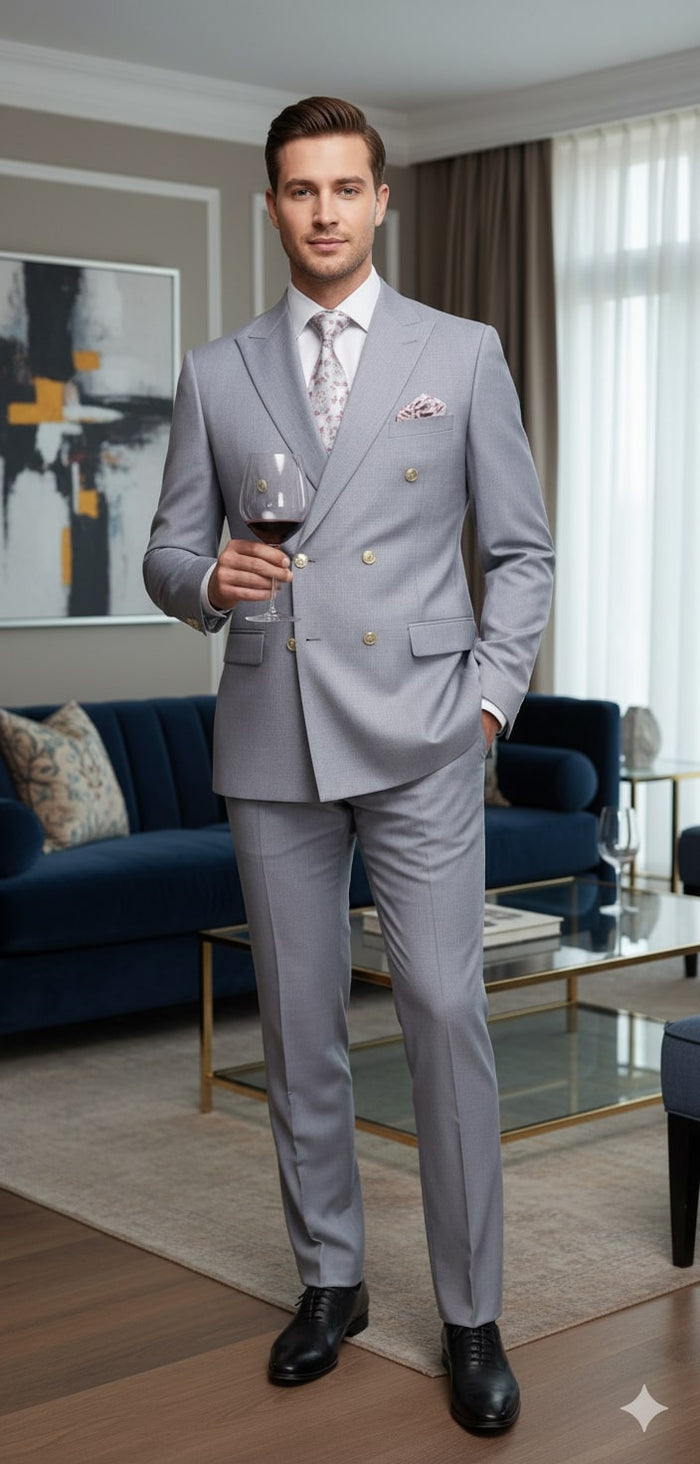 Mens Silver Grey Double-Breasted 3-Piece Suit  Classic Tailored Fit with Peak Lapel and Gold Buttons for Weddings, Church and Formal Events