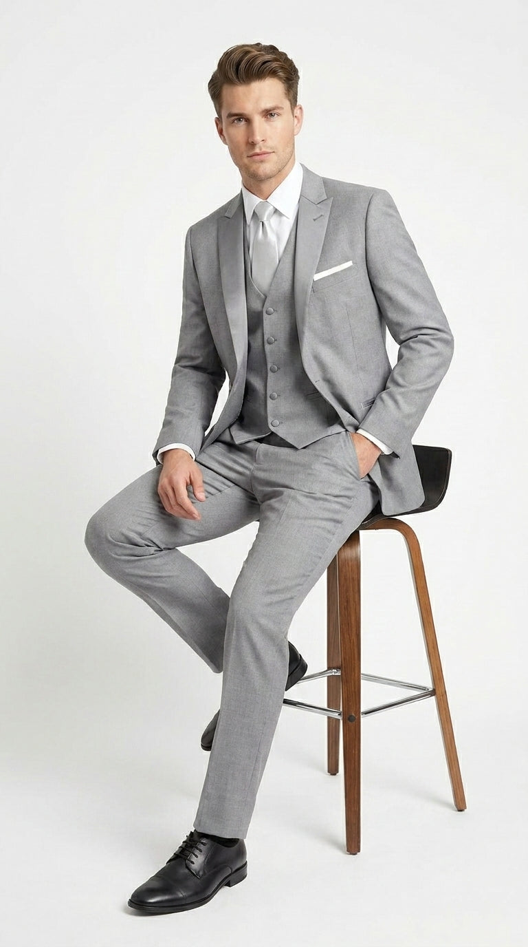 Men’s Light Grey Vested Tuxedo with One Button Jacket, Peak Lapel and Matching Pants