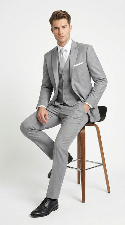 Men’s Light Grey Vested Tuxedo with One Button Jacket, Peak Lapel and Matching Pants
