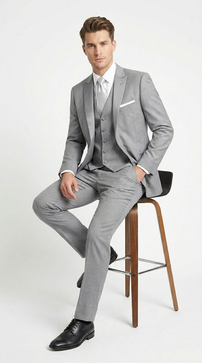 Men’s Light Grey Vested Tuxedo with One Button Jacket, Peak Lapel and Matching Pants