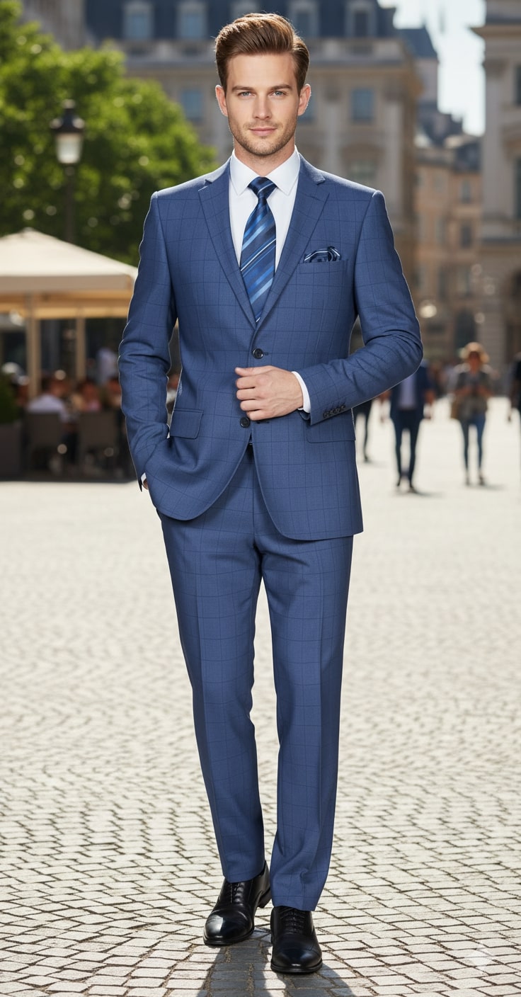 Mens Indigo Navy Blue Windowpane Check Suit  Classic 2-Piece Formal Business and Wedding Wear Set in Cobalt Blue