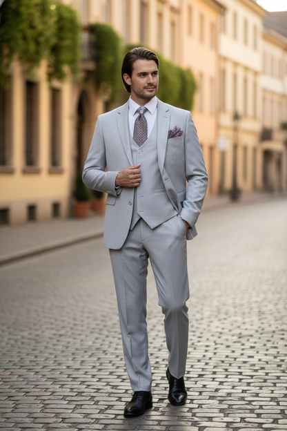 Mens Very Light Gray Three-Piece  Wedding Suit 2 Buttons Modern or Slim Fit  Ash Bone Color Steel Grey