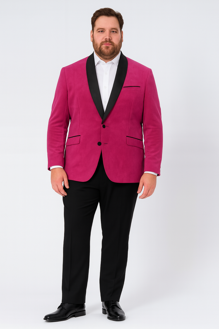 Men's Fuchsia Tuxedo Blazer with Black Satin Lapel - Stylish Party and Wedding Jacket in Hot Pink Color with Black Pants