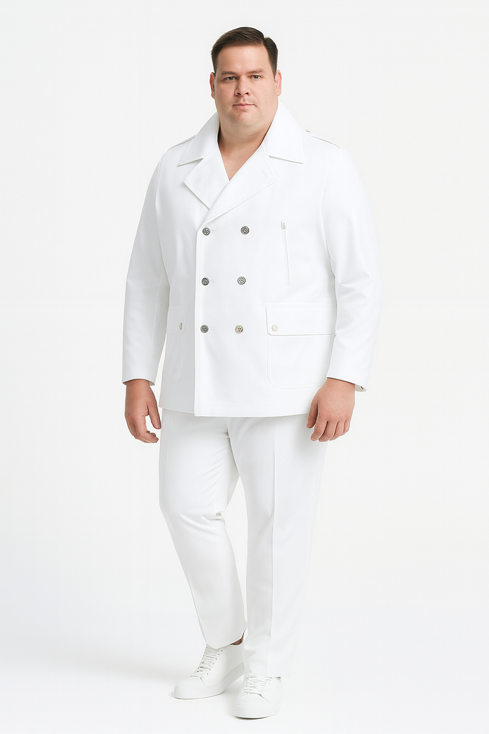 Men's White Double-Breasted Peacoat Jacket - Classic Stylish Outerwear Wool Fabric Slim Fitted