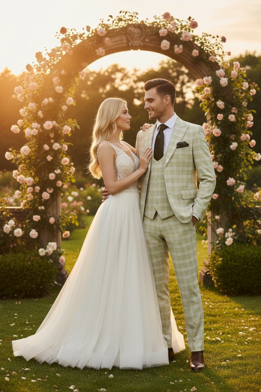 Mens Light Beige Check 3-Piece Suit Set  Premium Tailored Fit Formal Wedding and Spring Event Suit Light Tan Sand Color By Rossiman