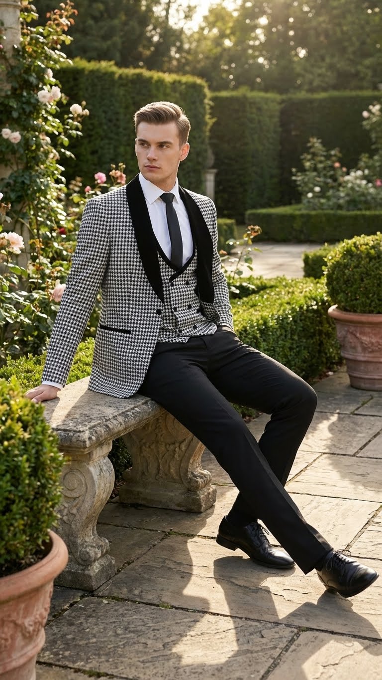Men’s Black and White Houndstooth Tuxedo Set with Velvet Shawl Lapel | 3-Piece Formal Suit with Double-Breasted Vest