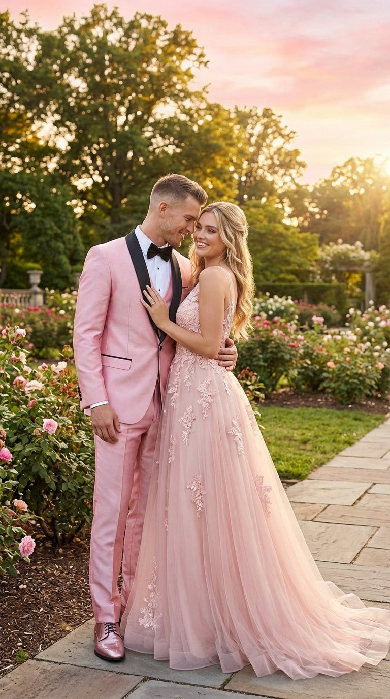 Men’s Blush Pink Shiny 3 Piece Suit with Black Shawl Lapel | Light Pink Prom Suit Sharkskin Fabric - Ultra Slim Fit