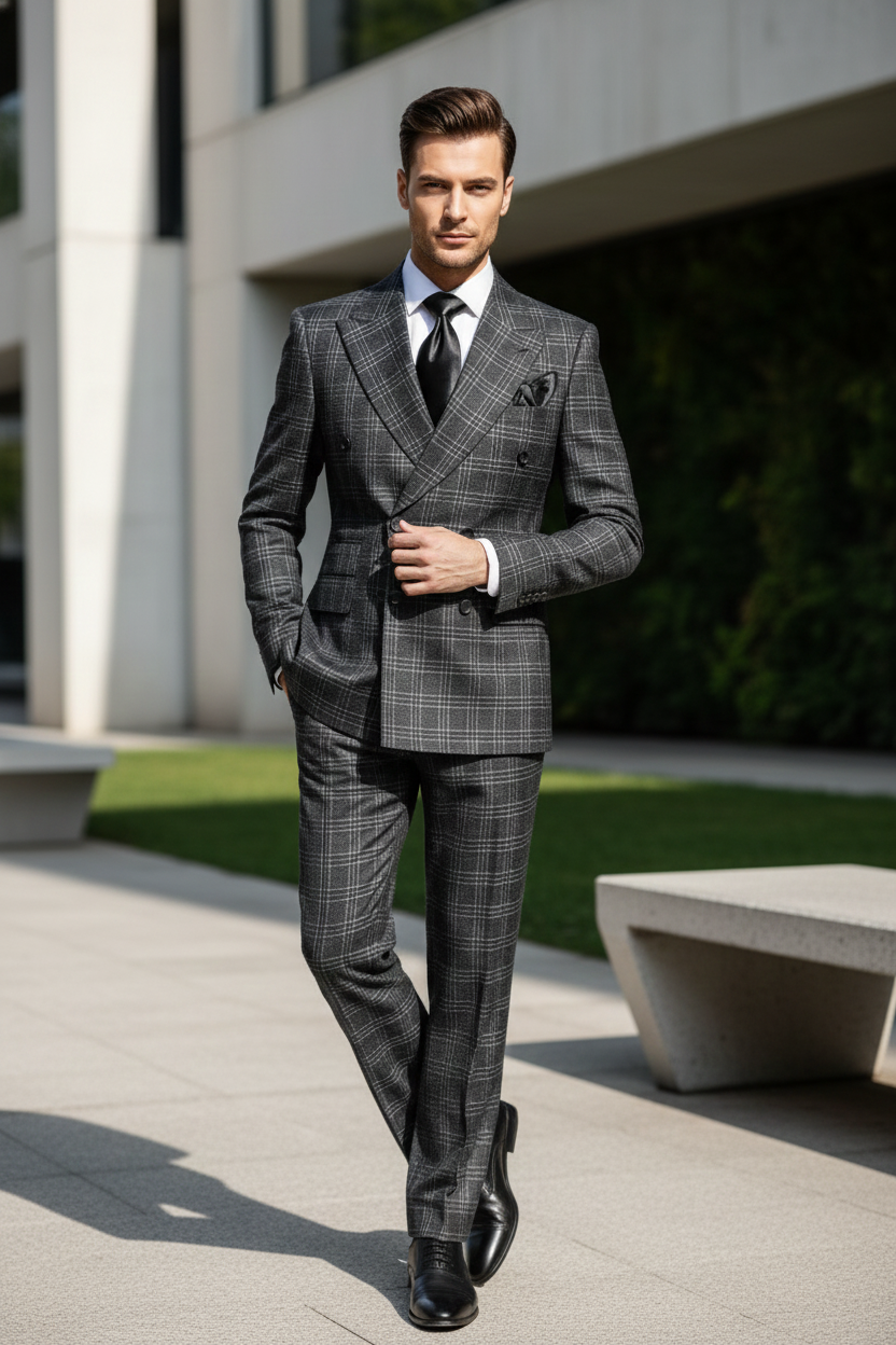 Mens Charcoal Plaid Double-Breasted Suit   Tailored Pants Windowpane Pattern By Rossiman