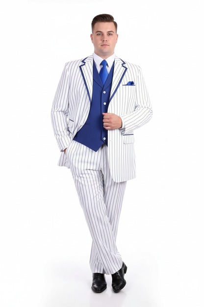 Mens White and Royal Blue Pinstripe 3-Piece Suit  Classic Fit Blazer with Vest, Pants, and Tie