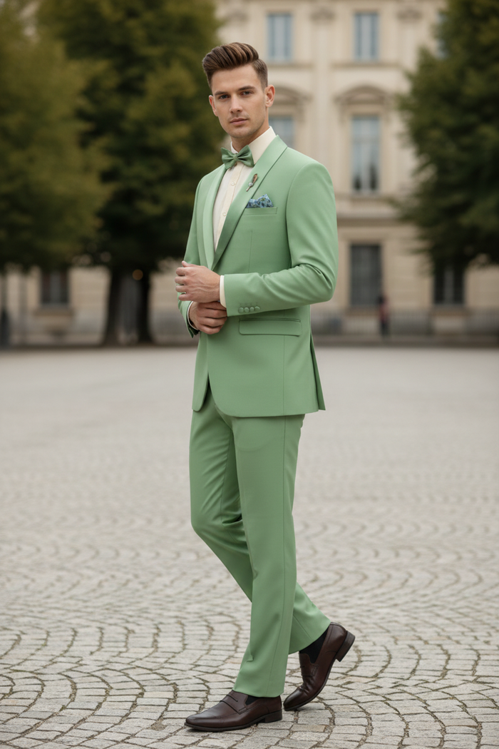 Mens Mint Green Tuxedo  2-Piece Formal Suit with Satin Shawl Lapel and Matching Bow Tie in  Sage Green