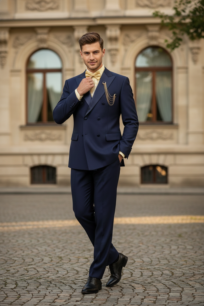 Mens Navy Blue Double-Breasted Tuxedo with navy Satin Peak Lapel Wedding Suit
