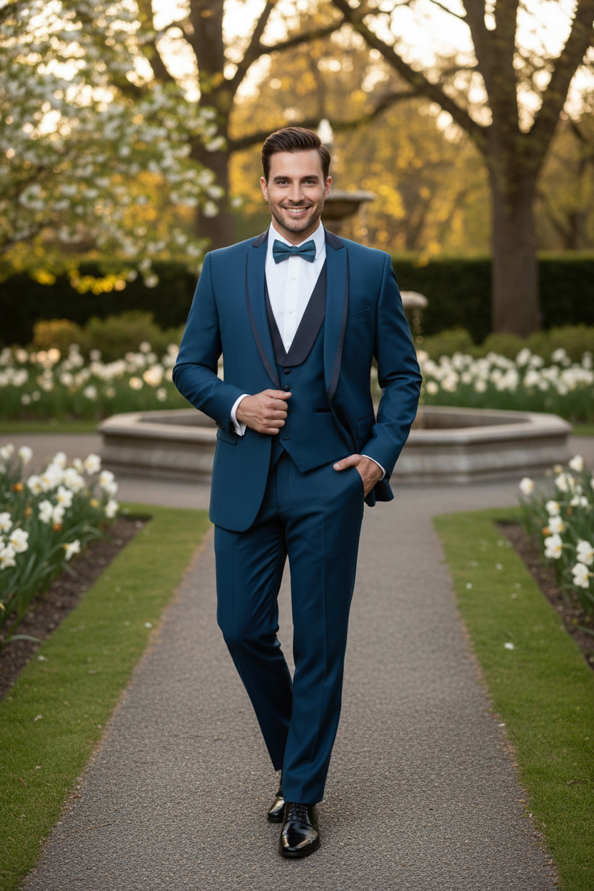 Mens Teal Blue Tuxedo  3-Piece Formal Suit with Satin Shawl Lapel, Vest, and Pants in Saphire Cobalt Blue Color