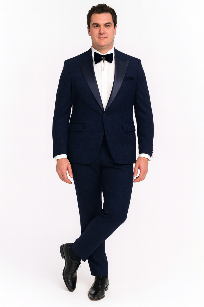 Mens Navy Blue  Tuxedo with Satin Peak Lapel With Matching Color Lapel Sateen  Formal 2 Piece Suit