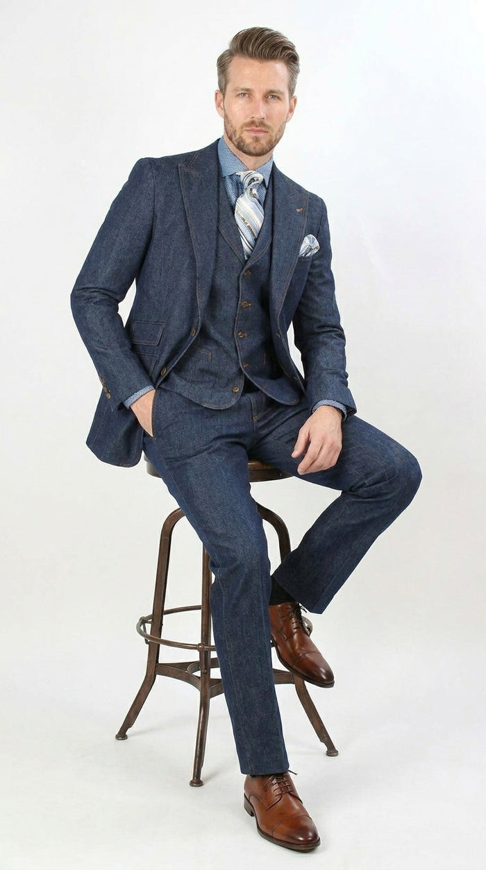 Men’s Pleated Pants Dark Blue Denim 3 Piece Suit – 100% Cotton Formal Suit Set, Blazer Vest Pants Outfit Classic Fit Athletic Fit Lose Fit