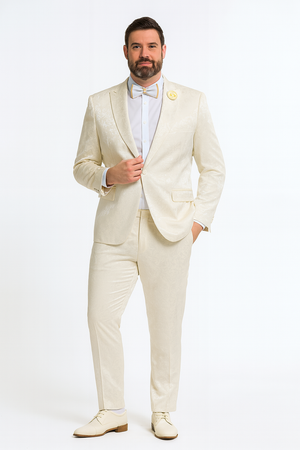 Mens Champaign Ivory  Jacquard Paisley Tuxedo Suit with Satin Shawl Lapel  Elegant Wedding and Prom Outfit By Rossiman