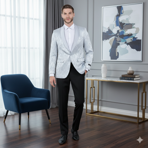 Big and Tall Mens Silver Gray Paisley Tuxedo Jacket  Satin Shawl Lapel Blazer for Weddings, Proms, and Formal Events