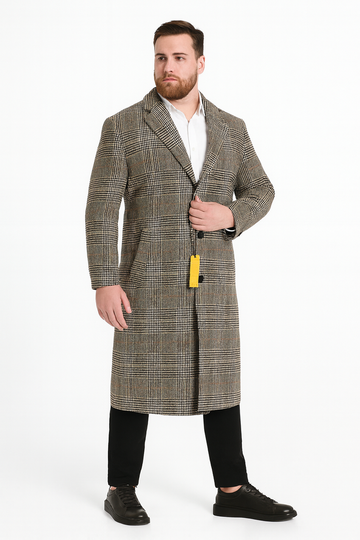 Mens Full length  Long Plaid Overcoat  Classic Checkered Wool Blend Winter Coat in Gray Color Checkered