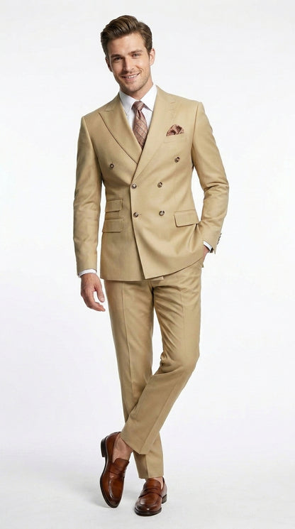 Mens Designer Modern Fit Double Breasted Designer Camel Gold Buttons Suit