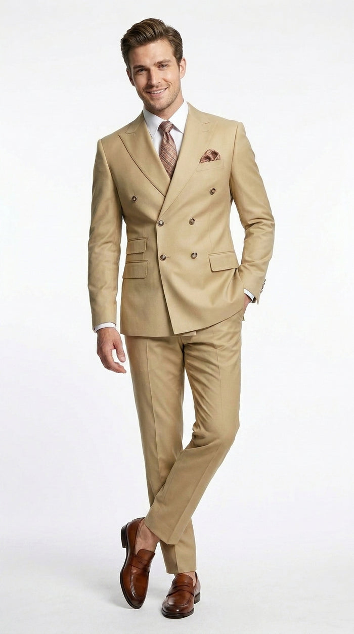 Mens Designer Modern Fit Double Breasted Designer Camel Gold Buttons Suit