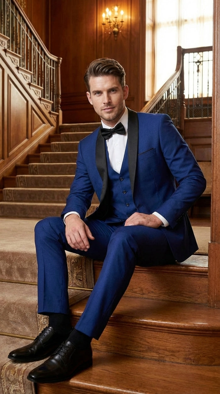 Men’s Shiny Sharkskin Saphire Royal Blue Tuxedo 3 Piece Suit with Black Shawl Lapel | Formal Wedding Prom Suit Shiny Fabric