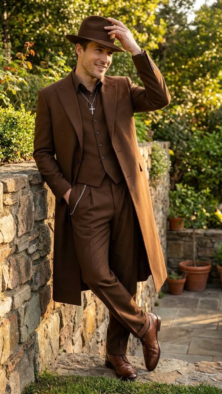 Mens Brown 1920s Zoot Suit  Long Gangster Mafia Suit Vintage Three-Piece Costume Set Pachuco Style