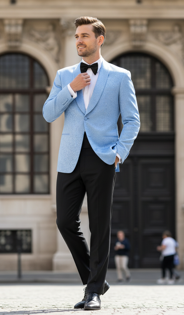 Mens Light Blue Paisley Tuxedo Jacket  Elegant Satin Shawl Lapel Dinner Blazer for Weddings, Proms in Sky Powder Blue Color Bowtie