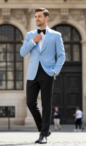 Men’s Light Blue Paisley Tuxedo Jacket – Elegant Satin Shawl Lapel Dinner Blazer for Weddings, Proms in Sky Powder Blue Color Bowtie
