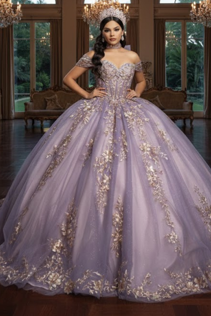 Quinceañera Ball Gown Off Shoulder Glitter Tulle Dress with 3D Floral Appliqués Long Train by Layla K LK292